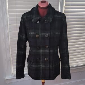 Vintage Y2K Wool Blend American Eagle Black Watch Tartan Peacoat Classic